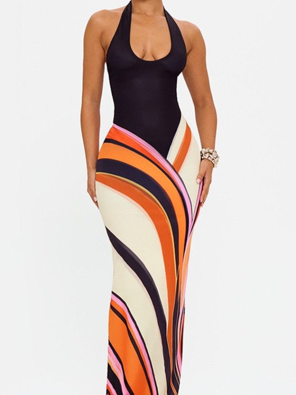 Multi Color Striped Sleeveless Halter Maxi Mermaid Dress - Picture 2 of 7